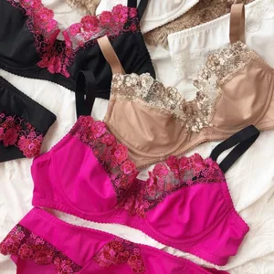 Fransız dantel çiçekler nakış sutyen seti kadınlar için Ultra ince iç çamaşırı seksi balenli şınav sütyen artı boyutu BCDEFG fincan iç çamaşırı