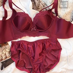 Draht Frei Baumwolle Dicken Push-Up Bh Höschen Spitze Frauen Unterwäsche Sets Retro Rot Stil Nahtlose Damen Dessous Weibliche Dessous